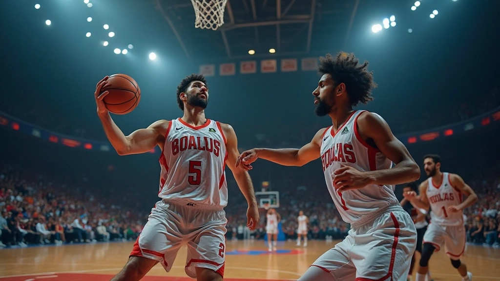 مباراة كرة السلة الديناميكية مع لاعبين في حركة مكثفة