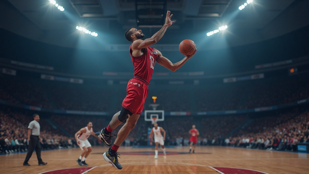 لاعب كرة سلة محترف يسجل رمية ثلاث نقاط في مباراة رسمية مثيرة