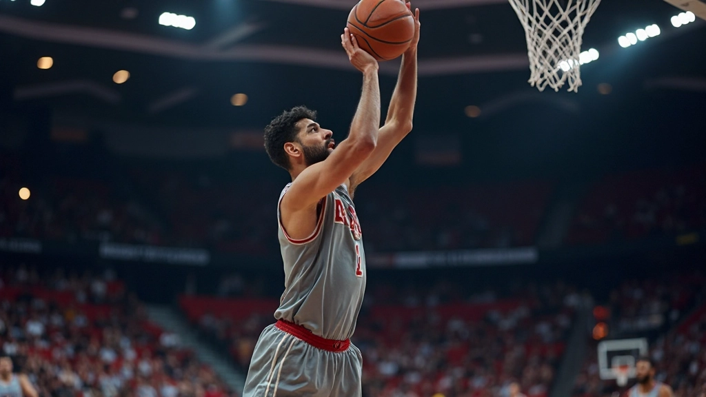 لاعب كرة سلة يقوم برمية ثلاث نقاط أثناء المباراة الرسمية
