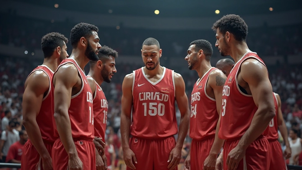 لاعبو كرة السلة يستعدون للمباراة على أرضية الملعب مع الجمهور في الخلفية