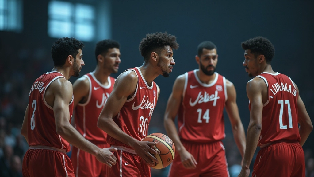 فريق دفاع محترف يقف في تشكيل منظم استعداداً لمباراة كرة سلة دولية