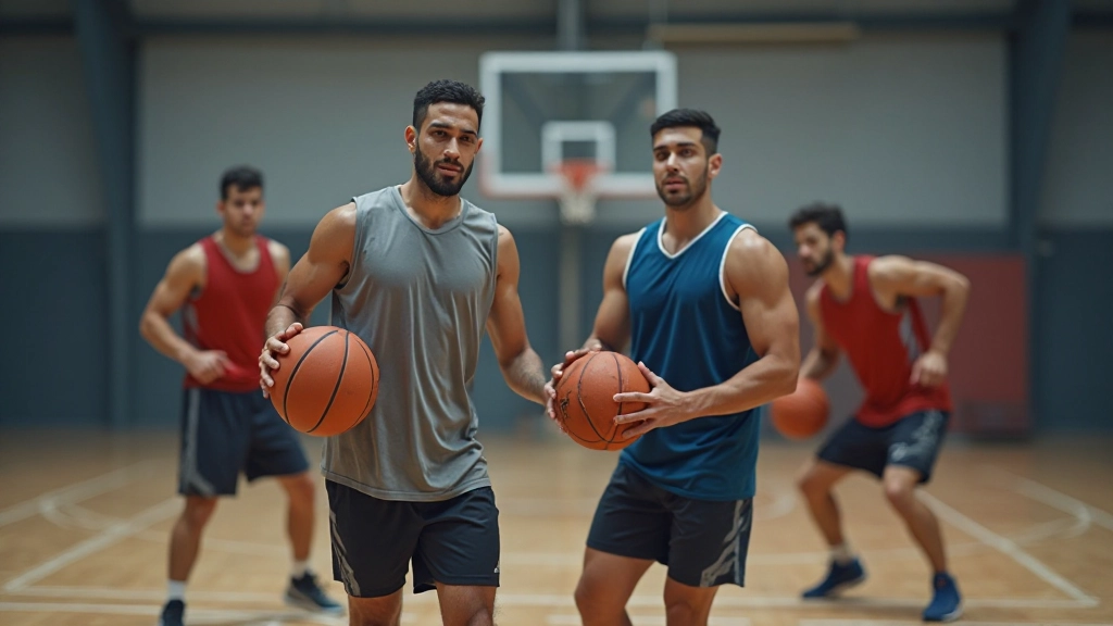 مجموعة من لاعبي كرة السلة يتدربون معاً في قاعة التدريب