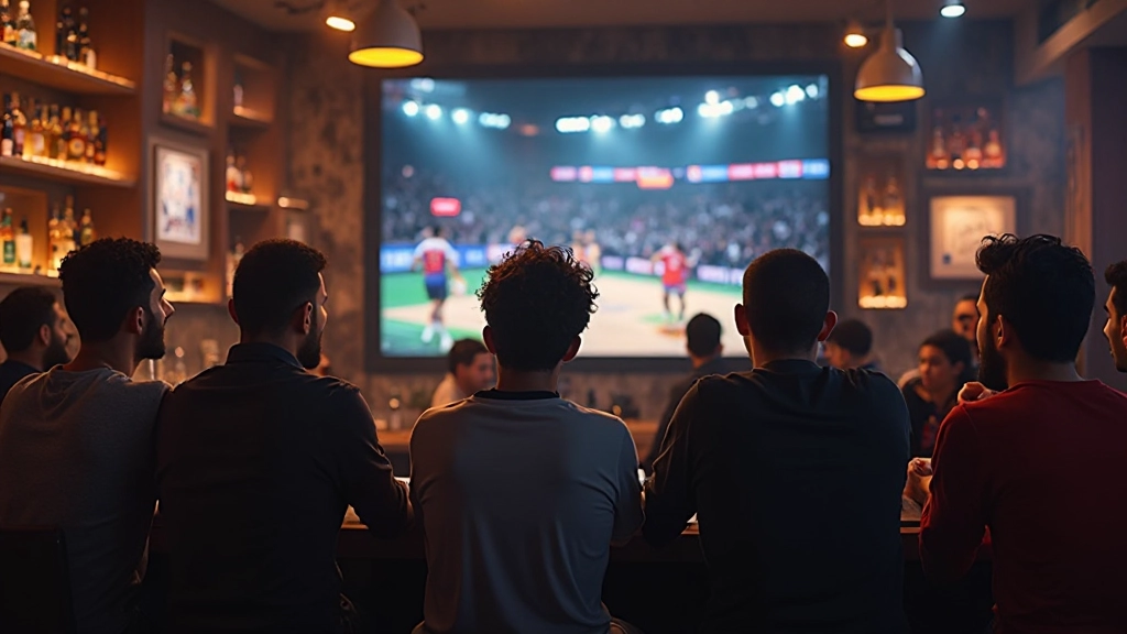 مشجعو كرة السلة يشاهدون المباراة على الشاشة الكبيرة في ملهى رياضي